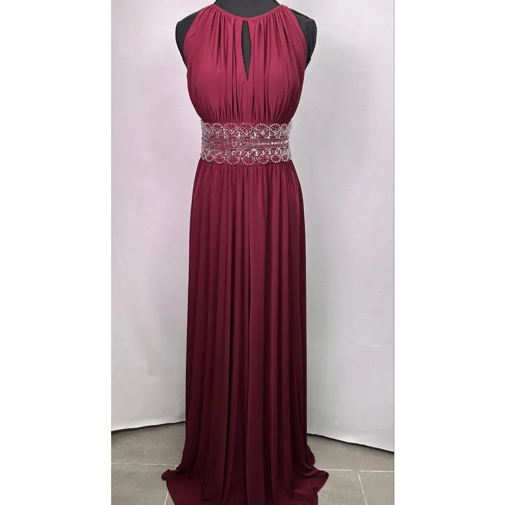 R&M Richards Wine Beaded Halter Evening Gown Keyhole Neck Maxi Dress Size 8 - Picture 3 of 15